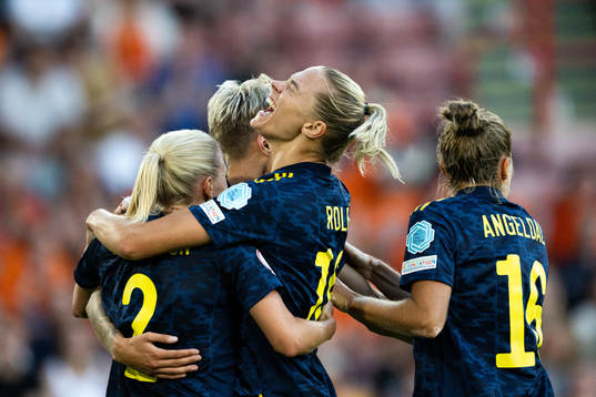 Jonna Andersson and Fridolina Rolfö of Sweden celebrate