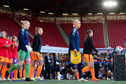 Goalkeeper Hedvig Lindahl and Caroline Seger of Sweden
