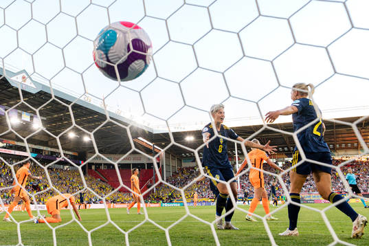 Lina Hurtig and Jonna Andersson of Sweden celebrate the 0-1