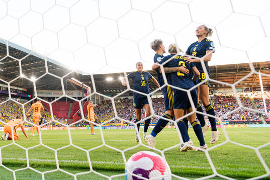 Lina Hurtig and Fridolina Rolfö of Sweden celebrate the
