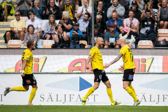 Mjällbys Viktor Gustafson och Adam Ståhl jublar
