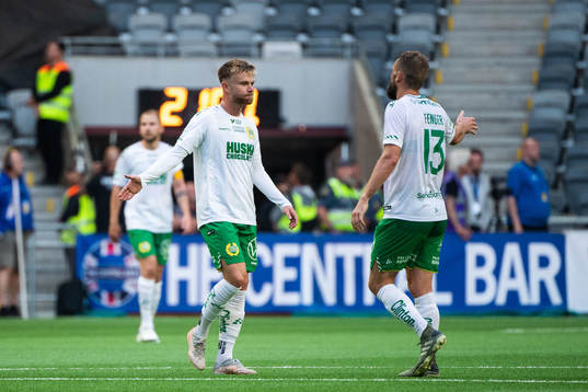 Hammarbys Dennis Widgren och Mads Fenger Nielsen jublar