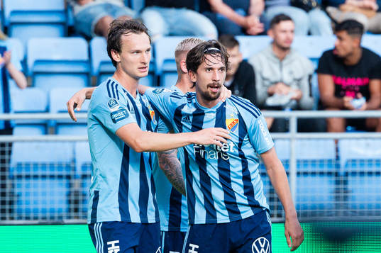 Djurgårdens Hjalmar Ekdal och Gustav Wikheim jublar