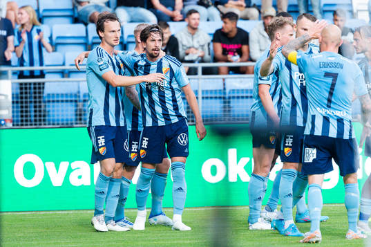 Djurgårdens Hjalmar Ekdal och Gustav Wikheim jublar