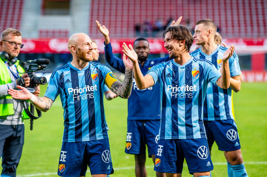 Djurgårdens Magnus Eriksson och Gustav Wikheim jublar med