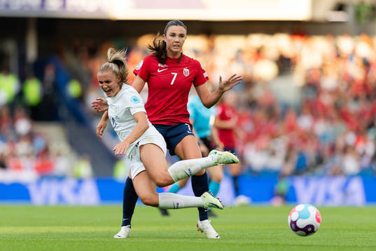 Georgia Stanway of England and Ingrid Syrstad Engen of