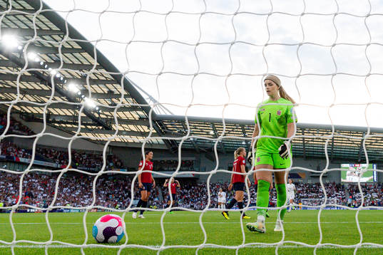Goalkeeper Guro Pettersen of Norway looks dejected