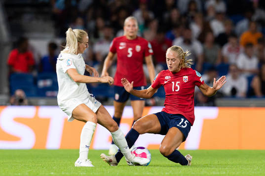 Alex Greenwood of England and Amalie Eikeland of Norway
