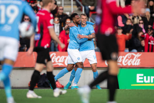 Isaac Kiese Thelin and Felix Beijmo of Malmö FF celebrate