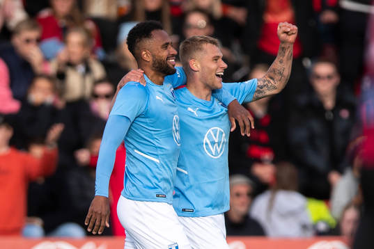 Isaac Kiese Thelin and Felix Beijmo of Malmö FF celebrate