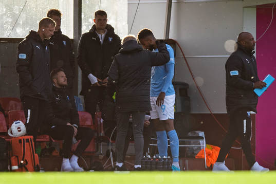 Isaac Kiese Thelin of Malmö FF receives medical assistance