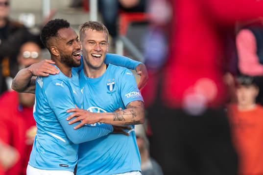 Isaac Kiese Thelin and Felix Beijmo of Malmö FF celebrate