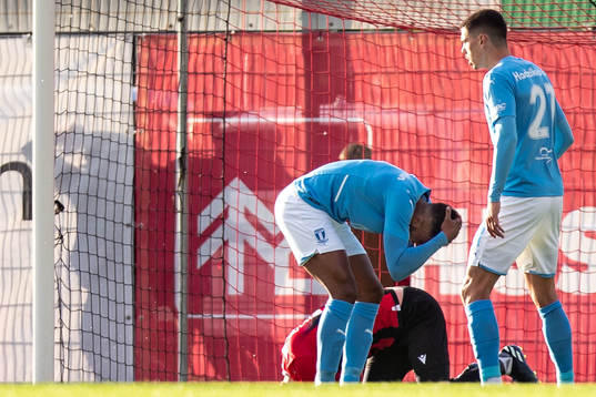 Isaac Kiese Thelin of Malmö FF in pain