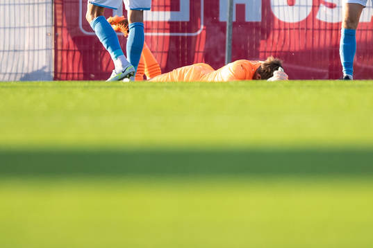 Goalkeeper Johan Dahlin of Malmö FF in pain