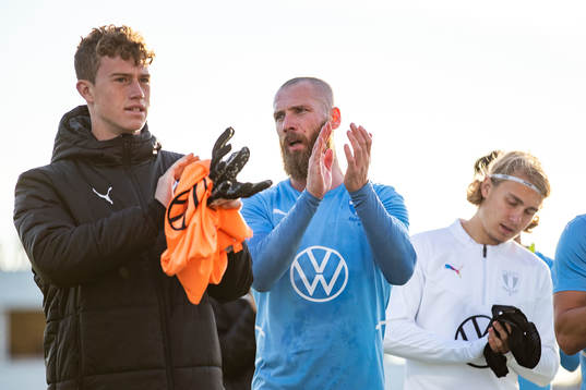 Goalkeeper Viktor Andersson and Jo Inge Berget of Malmö FF