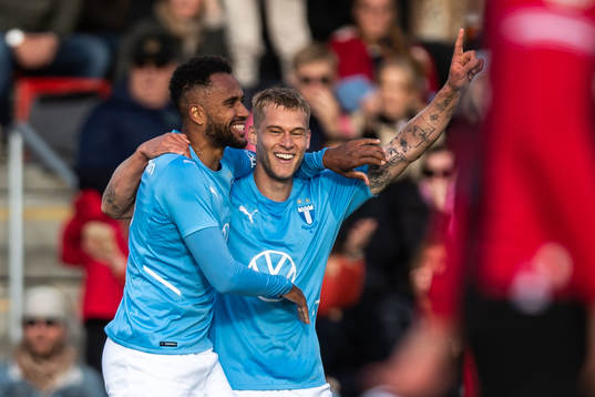 Isaac Kiese Thelin and Felix Beijmo of Malmö FF celebrate