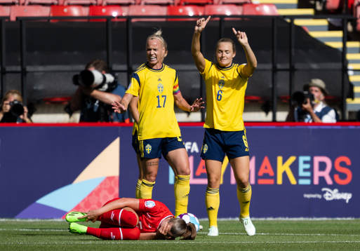 Caroline Seger and Magdalena Eriksson of Sweden reacts