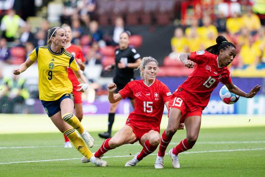 Kosovare Asllani of Sweden against Luana Buhler and Eseosa