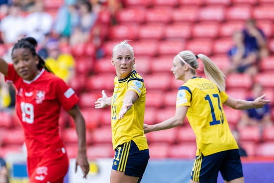 Stina Blackstenius and Amanda Ilestedt of Sweden reacts