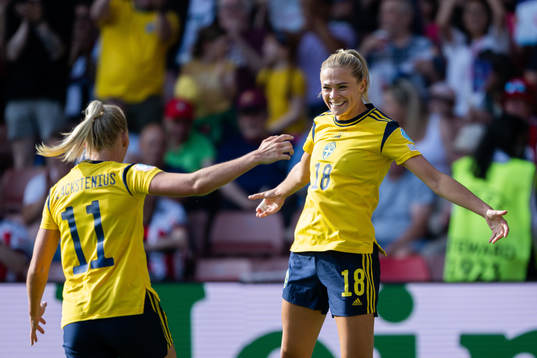 Stina Blackstenius and Fridolina Rolfö of Sweden celebrate