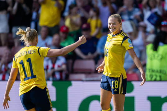 Stina Blackstenius and Fridolina Rolfö of Sweden celebrate