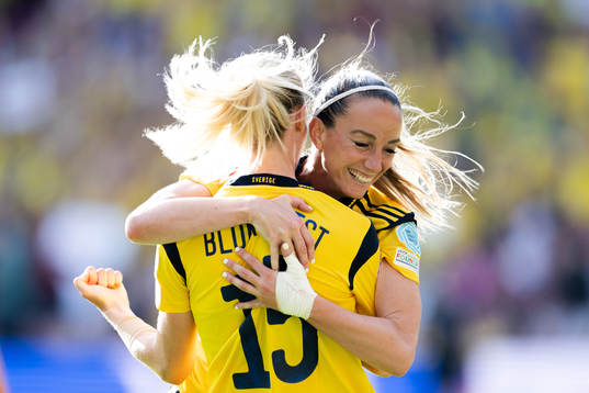 Rebecka Blomqvist and Kosovare Asllani of Sweden celebrate
