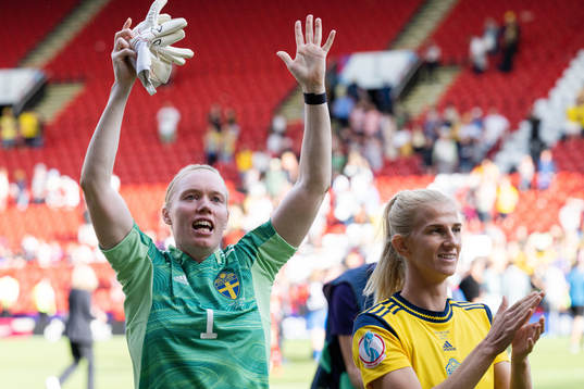 Goalkeeper Hedvig Lindahl and Sofia Jakobsson of Sweden