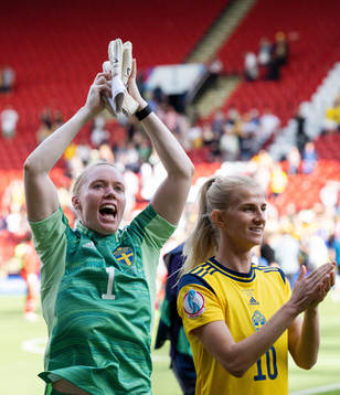 Goalkeeper Hedvig Lindahl and Sofia Jakobsson of Sweden