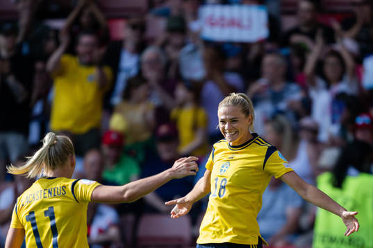 Stina Blackstenius and Fridolina Rolfö of Sweden celebrate