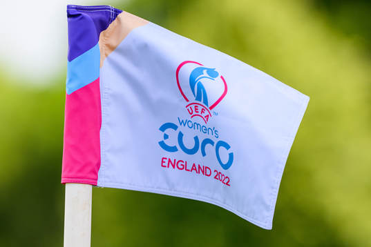 A corner flag shows the logo for the UEFA Women's Euro