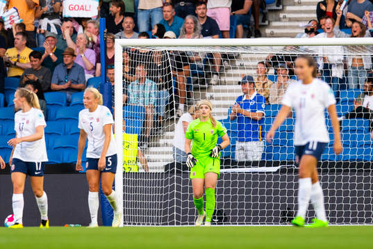 Goalkeeper Guro Pettersen of Norway looks dejected