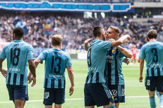 Djurgårdens Haris Radetinac och Elias Andersson jublar