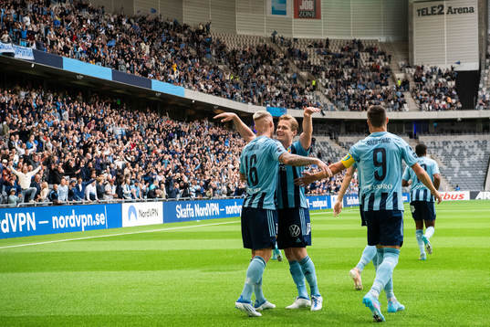 Djurgårdens Victor Edvardsen och Hampus Finndell jublar