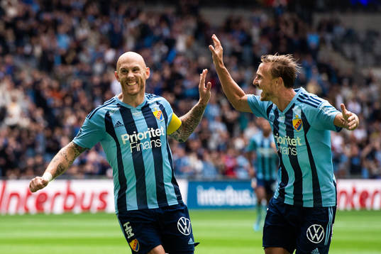Djurgårdens Magnus Eriksson och Pierre Bengtsson jublar
