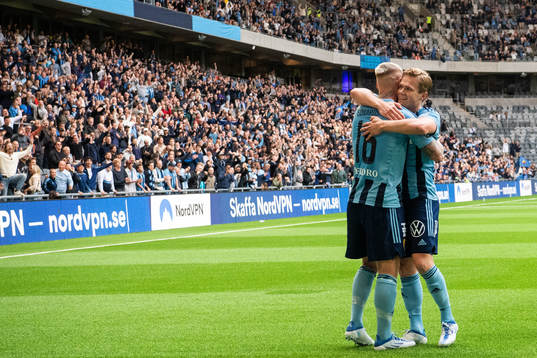Djurgårdens Victor Edvardsen och Hampus Finndell jublar