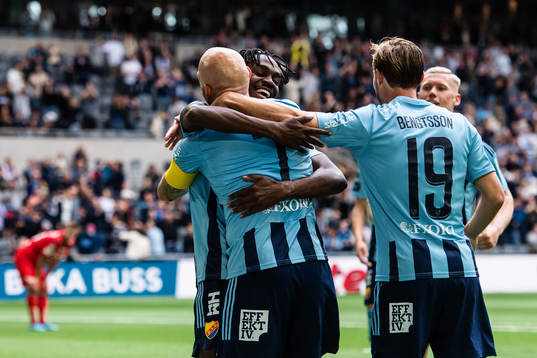 Djurgårdens Joel Asoro och Magnus Eriksson jublar