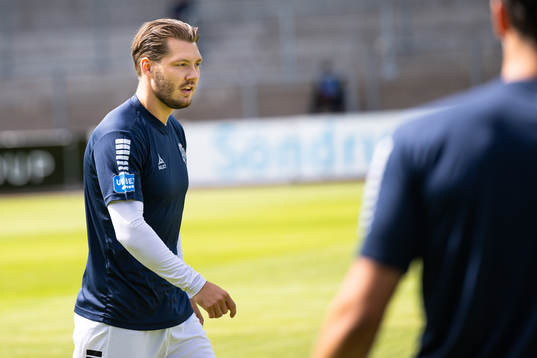 Utsiktens Karl Bohm före fotbollsmatchen i Superettan