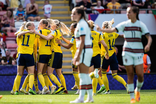 Filippa Angeldahl of Sweden celebrates with team mates