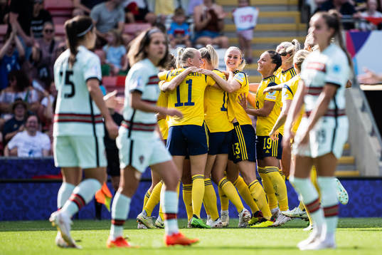 Filippa Angeldahl of Sweden celebrates with team mates