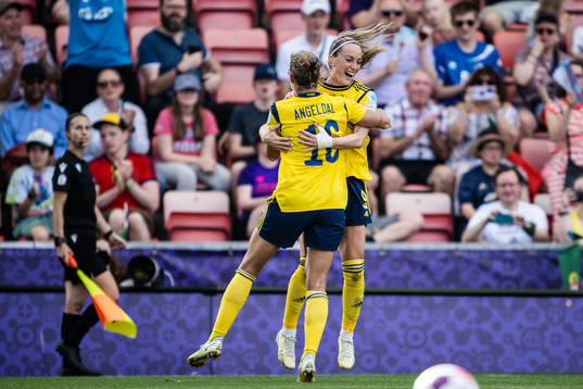 Filippa Angeldahl and Kosovare Asllani of Sweden celebrate
