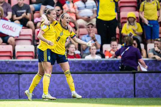 Filippa Angeldahl and Kosovare Asllani of Sweden celebrate