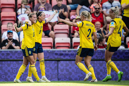 Filippa Angeldahl and Kosovare Asllani of Sweden celebrate