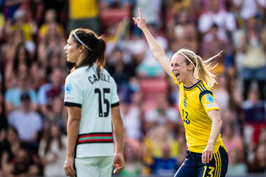 Amanda Ilestedt of Sweden celebrates a disallowed goal