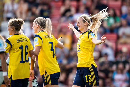 Amanda Ilestedt of Sweden celebrates a disallowed goal