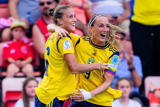 Filippa Angeldahl and Kosovare Asllani of Sweden celebrates