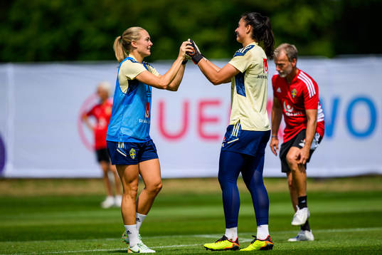 Magdalena Eriksson and goalkeeper Zecira Musovic of the