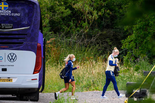 Amanda Nilden and goalkeeper Hedvig Lindahl of the Swedish