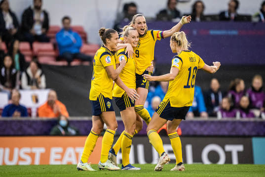 Stina Blackstenius and Kosovare Asllani celebrate a