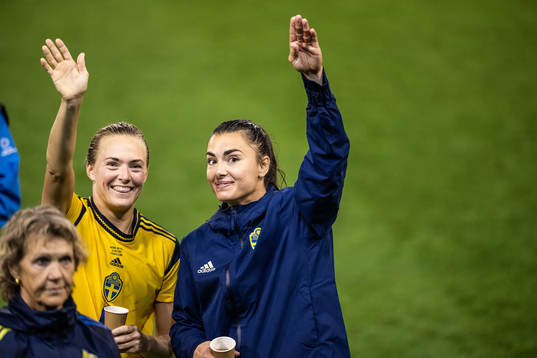 Magdalena Eriksson and goalkeeper Zecira Musovic of Sweden
