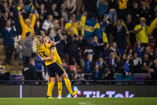 Amanda Ilestedt and Linda Sembrant of Sweden celebrate